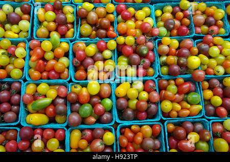 Bunt gemischte Erbstück Kirschtomaten in grünen Markt Körbe Draufsicht Muster angeordnet Stockfoto