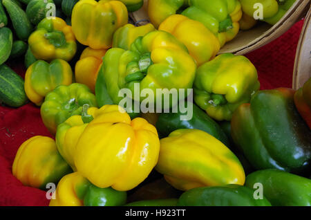 Gelblich grüne Paprika Gießen aus Holz Korb auf rotem Tuch display Stockfoto