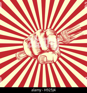 Eine Hand in einer Faust hält ein Schraubenschlüssel oder Schraubenschlüssel in einem Vintage Propaganda-Plakat-Holzschnitt-Stil Stockfoto