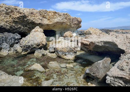 Erodierte felsigen Strand am Kap Drepanon, Agios Georgios, Pegeia, Zypern Stockfoto