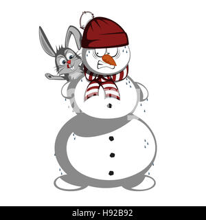 Ein Schneemann ist in Schwierigkeiten (eine hungrige Hase ist dabei, seine Nase zu essen). Stockfoto