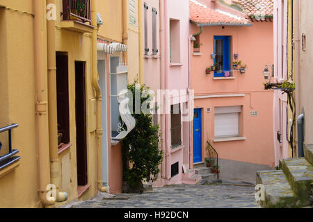 Bunte Häuser in den engen Gassen von Collioure. Frankreich Stockfoto