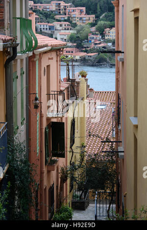 Bunte Häuser in den engen Gassen von Collioure. Frankreich Stockfoto