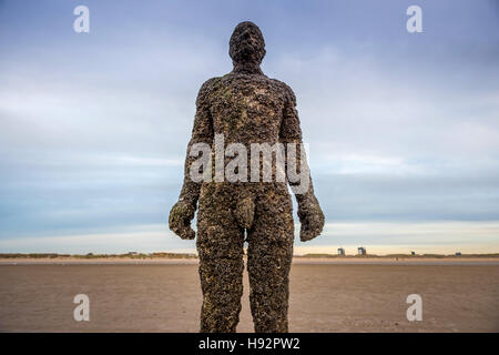 Gormleyss Kunstinstallation "Woanders" Crosby Beach in Liverpool. Stockfoto