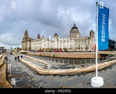 Die drei Grazien von Liverpool; Das königliche Leber Building, Cunard Building und Port of Liverpool Building auf dem Molenkopf Stockfoto