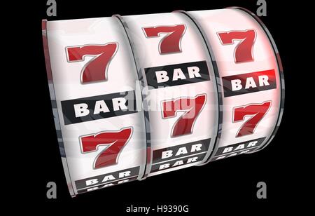 Slot-Maschine Concept Illustration. 3D Render. Lucky Sevens und die Balken auf schwarzem Hintergrund isoliert. Casino-Thema. Stockfoto