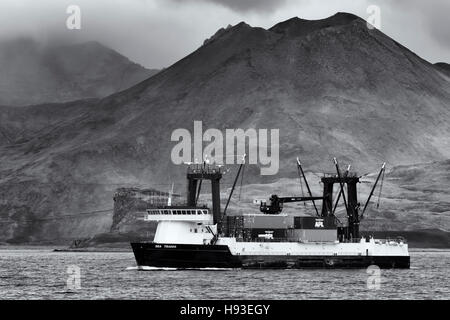 Containerschiff in Unalaska Bucht, Dutch Harbor, Aleuten, Alaska, USA Stockfoto