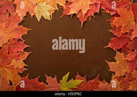 Herbstlaub Frame auf braunem Hintergrund Stockfoto