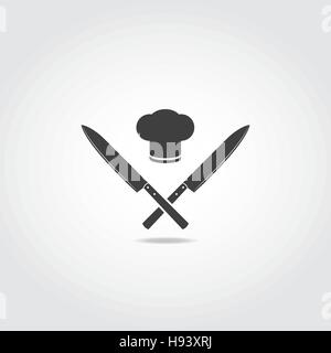 Japanische Küche-Messer-Symbol. Zwei schwarze Messer und Koch Hut. Stock Vektor
