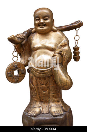 Buddha-Statue als Symbol für Reichtum und Erfolg isoliert auf weißem Hintergrund. Stockfoto