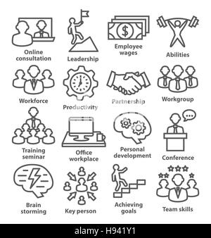 Business Management Symbole in Linienart auf weiß. Pack 11. Stock Vektor