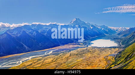 Die Tasman-Gletscher und dem Gipfel des Mount Cook, Aoraki Mount Cook Nationalpark, Neuseeland Alpen, Südinsel, Neuseeland Stockfoto