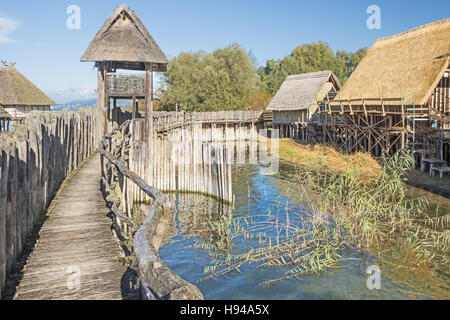 Hölzerne Pfahlbauten zu schützen Damm Stockfoto