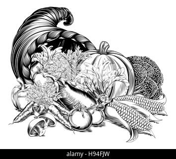 Ein Füllhorn Füllhorn voller Frische Ernte in einem gravierten geätzten Vintage Holzschnitt-Stil Stockfoto