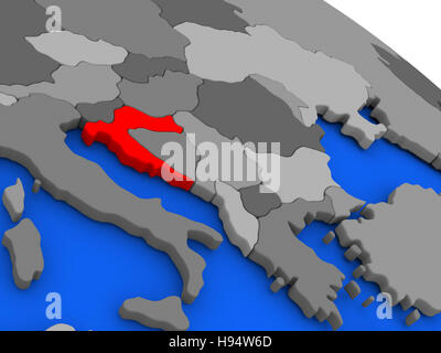 Karte von Kroatien in rot auf einem Globus hervorgehoben. 3D illustration Stockfoto