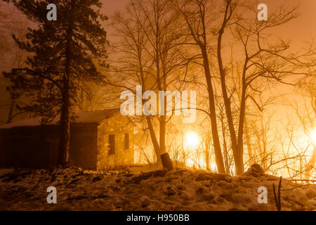 Wunderschön beleuchtet Dorfhaus im Wald gegen gelbe Straßenlampen.  Winter-Berg-Szene Stockfoto