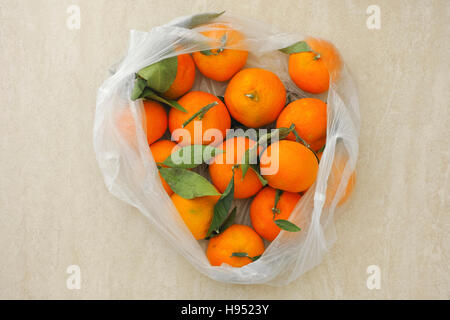Frische Mandarinen mit Blätter in einer Plastiktüte. Hautnah. Stockfoto