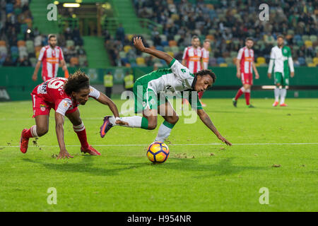 Lissabon, Portugal. 17. November 2016. 18. November 2016. Lissabon, Portugal. Sporting Portugal vorwärts Gelson Martins (77) wetteifert mit Praiensess kapverdischen vorwärts Joazimar Stehb (19) während das Spiel Sporting CP V SC Praiense Credit: Alexandre de Sousa/Alamy Live News Stockfoto