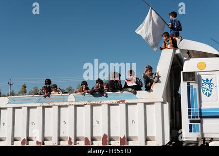 Mosul, Irak. 3. November 2016. Irakische Kinder warten auf der Rückseite LKW zwischen irakischen und kurdischen militärischen Checkpoints, verarbeitet werden, nachdem auf der Flucht vor den Kämpfen zwischen ISIS und irakische im Gugjali Stadtteil Outskirt von Mosul, Irak am 3. November 2016 Kräfte verdrängt. © Osie Greenway/ZUMA Wire/ZUMAPRESS.com/Alamy Live-Nachrichten Stockfoto