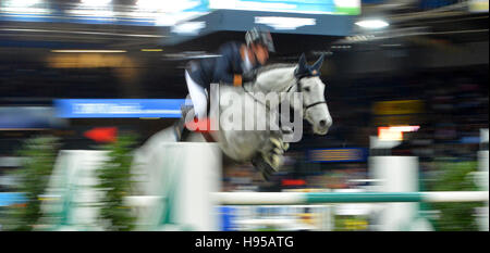 Stuttgart, Deutschland. 18. November 2016. ShowjumperOlivier Philippaerts Frankreichs fährt H & M Legende der Liebe durch den Kurs bei den German Masters international Horse Show in der Schleyerhalle in Stuttgart, Deutschland, 18. November 2016. Foto: FRANZISKA KRAUFMANN/Dpa/Alamy Live News Stockfoto