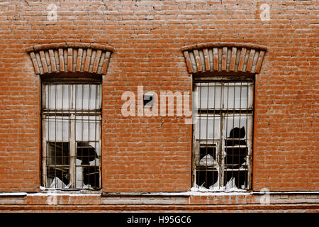 Zwei zerbrochene Fensterscheiben Pflanzen der alten Stockfoto