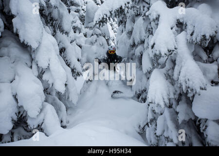 Snowboarden das Pulver auf das Skigebiet von Saint-Gervais-Les-Bains Stockfoto