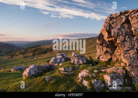 Sommer Abend Blick Yorkshire Dales ins Grüne von Conistone Pie, ein Kalkstein Felsen - North Yorkshire GB gesehen. Stockfoto