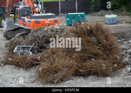 Bauschutt Beton Stahl grau weiße Kranich Felsen Stockfoto