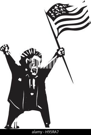 Holzschnitt Stil expressionistische Bild der Flagge winken zorniger Mann Stock Vektor