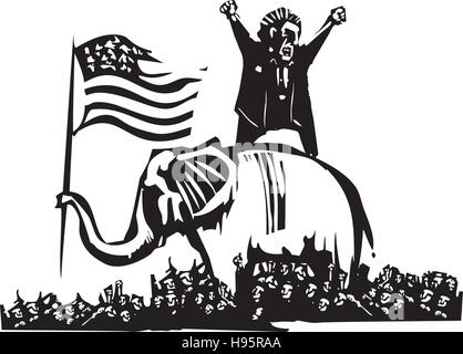 Holzschnitt Stil expressionistische Bild der Flagge winken Elefant und zorniger Mann über Masse Stock Vektor
