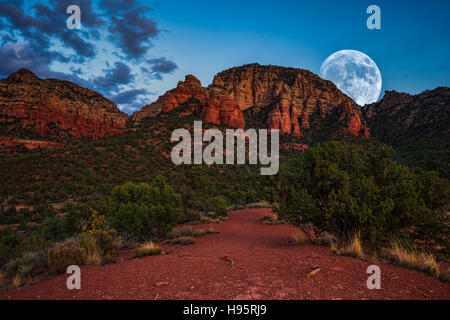 Der Supermond steigt über den roten Felsen in Sedona, Arizona Stockfoto