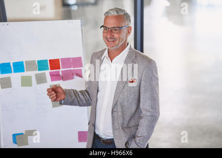 Lächelnd Geschäftsmann führenden treffen am Flipchart mit Klebstoff Noten Stockfoto