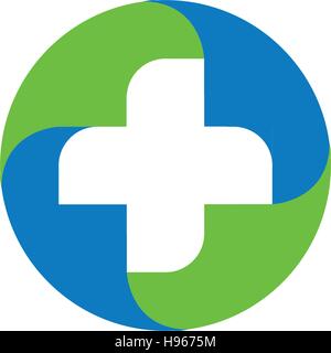 Grüne und blaue Vektor medizinisches Kreuz Logo. Runde Form-Logo. Religiöses Zeichen. Doctor s Büro Emblem. Krankenwagen-Label. Erste-Hilfe-Symbol. Plus -Taste. Abbildung. Stock Vektor