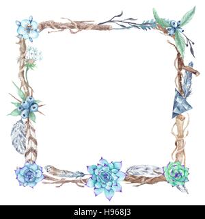 Handbemalt aztekische Stammeskarte natürliche Grenze des braunen Zweigen und Wildpflanzen gemacht Stockfoto