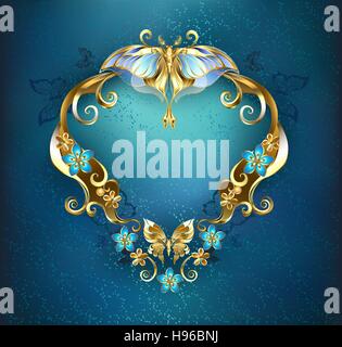 gemusterte Banner, geschmückt mit gold und Blumen und Schmetterlingen auf blauem Grund. Stock Vektor
