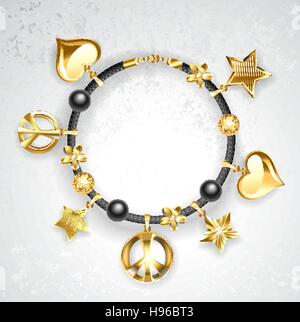 Schwarzes Lederarmband verziert mit goldenen Sternen, Goldherzen, Frieden Symbole. Stock Vektor