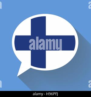 Weisse Sprechblase mit Finnland Flagge und lange Schatten auf blauem Hintergrund. Konzeptionelle Darstellung der finnischen Sprache Stock Vektor