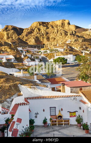 Landschaftsansicht der Höhlenwohnungen Höhle Wohnungen, Guadix, Andalusien, Spanien Stockfoto