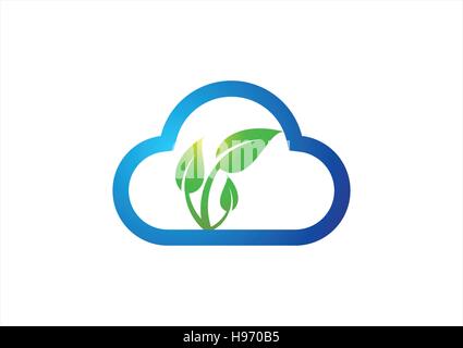 Cloud und Logo-Vektor-Illustration, Technologie-Anlagenplanung, Wolke Natur Biotechnologie Symbol zu Pflanzen Stock Vektor