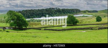 Crag See Lough und die steilen Klippen, auf denen die Überreste der Hadrianswall sind, bauen einst von den Römern Stockfoto