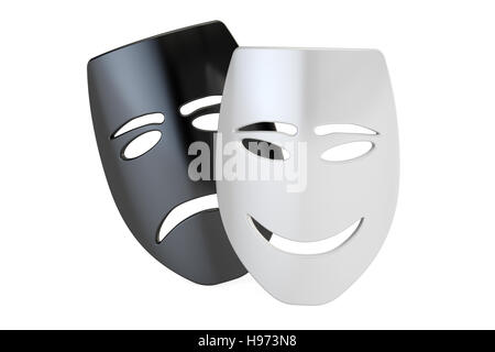 Tragikomische Theatermasken. Sad und Smile-Konzept, 3D-Rendering isolierten auf weißen Hintergrund Stockfoto