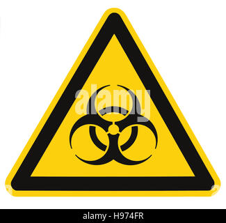 Biohazard Symbol Zeichen für biologische Bedrohung aufmerksam isoliert Schwarz gelbes Dreieck Beschriftung Beschilderung Makro Stockfoto