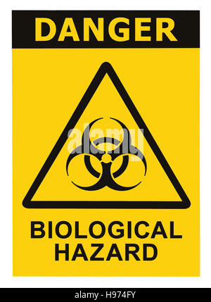 Biohazard Symbol Zeichen für biologische Gefahr Alarm, Schwarz gelbes Dreieck Beschilderung Text isoliert Stockfoto