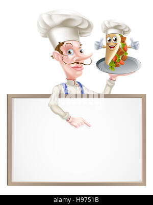 Zur Veranschaulichung ein Cartoon Chef zeigt am Kebab-Schild Stockfoto