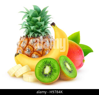 Isolierte tropische Früchte. Ananas, Banane, Kiwi und Mango isoliert auf weißem Hintergrund mit Beschneidungspfad Stockfoto