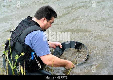 Französisch Gold Forscher an das Goldwaschen Europapokal der Landesmeister im Fluss Gardon im Departement Gard Stockfoto