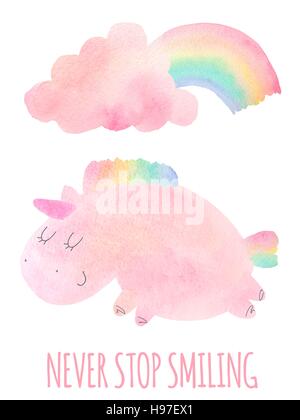 Vektor. Niedliche rosa Aquarell Einhorn und Cloud mit Regenbogen. Satz von Aquarell Objekte auf weißem Hintergrund für Ihr Design: Textil-, Gewebe isoliert Stock Vektor