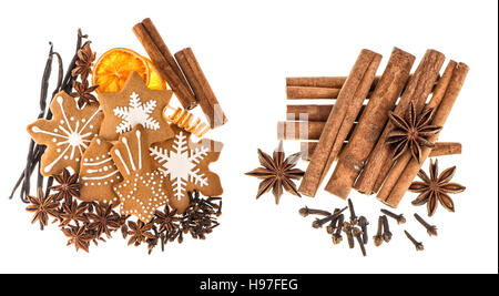 Weihnachten-Lebensmittelzutaten. Lebkuchen und Gewürzen isoliert auf weißem Hintergrund. Zimtstangen, Sternanis, Vanille und Gewürznelken Stockfoto