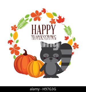 happy Thanksgiving Karte mit Kranz von Herbstlaub und niedliche Waschbären Tier Symbol. farbenfrohes Design. Vektor-illustration Stock Vektor