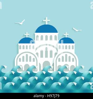 Weiße griechische Kirche in der Nähe von Blau des Meeres. Vektor-Illustration - Eps 10 Stock Vektor